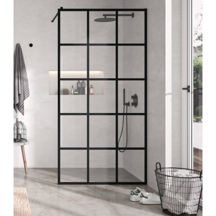 Panel fijo de ducha 110 cm marco industrial cuadros negros Fresh Kassandra