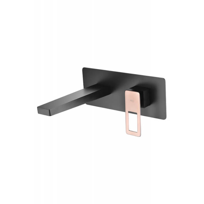 Grifo lavabo monomando empotrado a pared de acabado negro y oro rosa Suecia IMEX