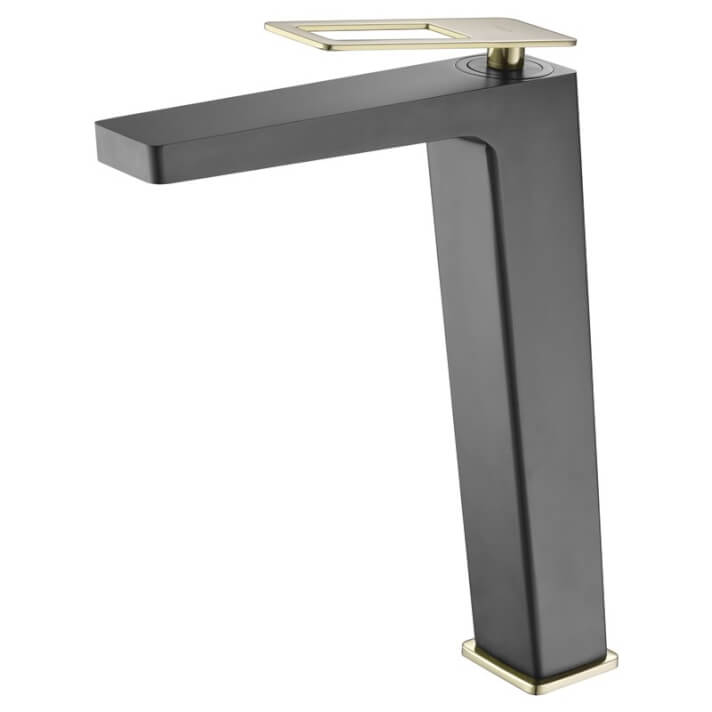Grifo para lavabo con un diseo monomando de cao alto y un acabado negro mate y oro Suecia IMEX